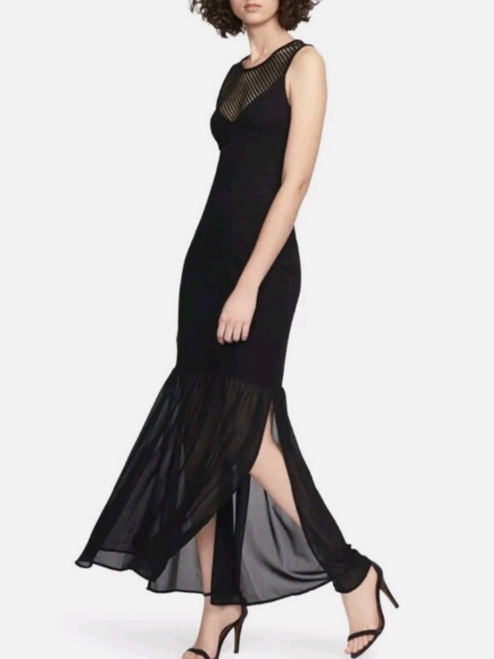 French Connection Chantilly Beau Black Sleeveless Mesh-Yoke Maxi Dress - Picture 1 of 13